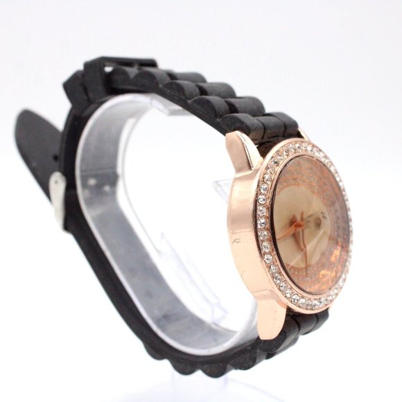 DF Watch Gold Tone Stainless Steel Classic Rhinestones Dial Black Rubber Band - Picture 4 of 6